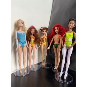 Disney Princess Dolls Bundle Lot Elsa Ariel Belle Tiana Gymnastics Leotards